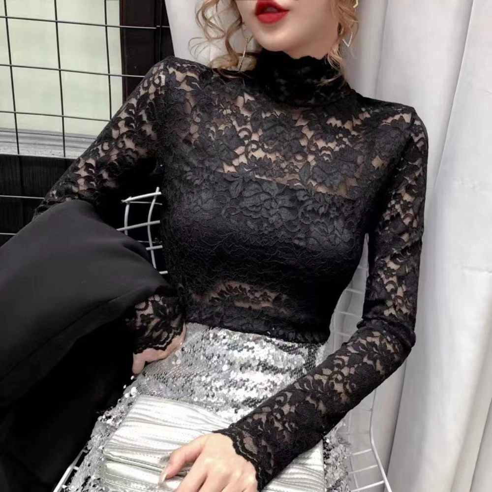 Fashion Stylish Half High Collar Lace Hollow Out T-shirt Top Women's Simple Daily Versatile Slim Long Sleeve Basic Top