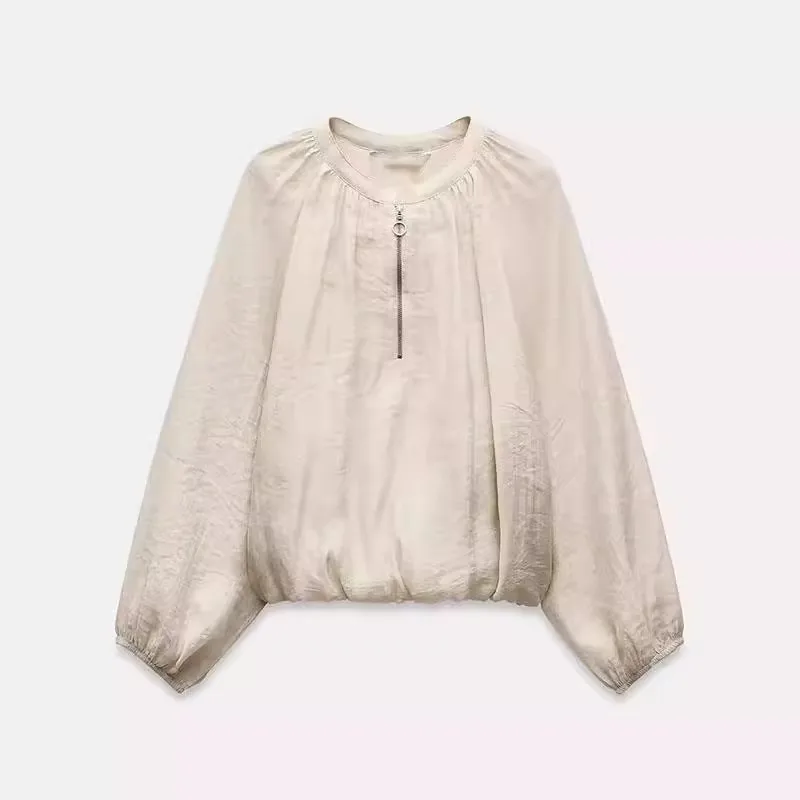 قميص نسائي بياقة مستديرة من سلسلة ZW، تصميم جديد للخريف بسحاب وأكمام طويلة، فضفاض بلون واحد، متعدد الاستخدامات للارتداء اليوم...