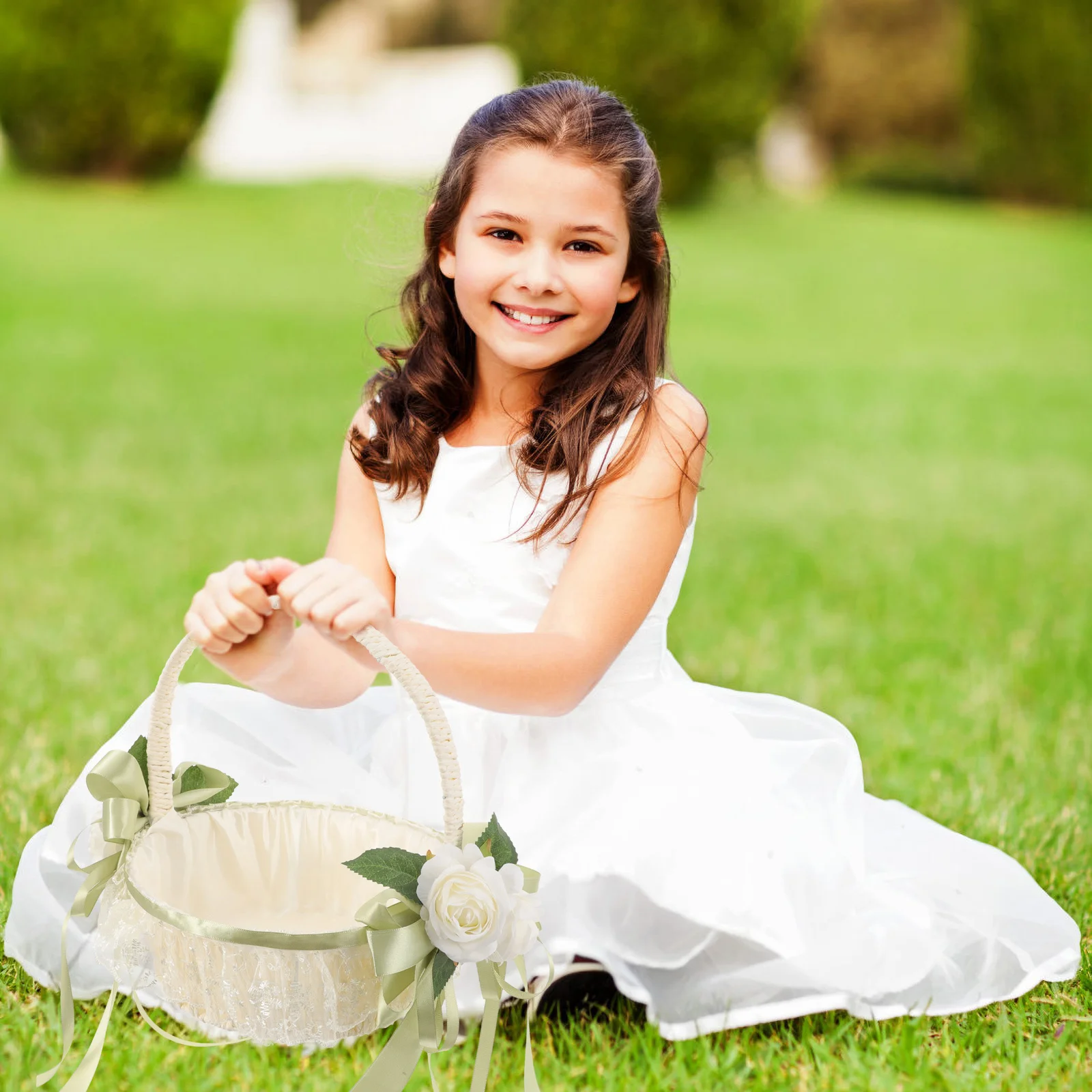 

Simulated Rose Wedding Basket White 5798 Elegant Flower Baskets Bowknot Vintage Rustic Storage Decorative Candy Petal Gift