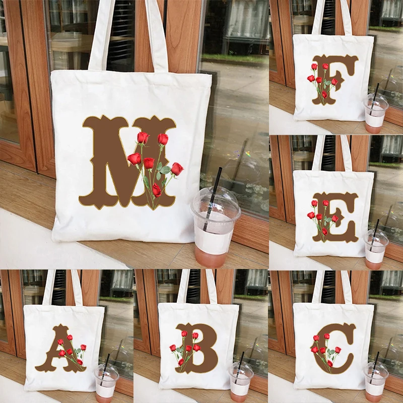 Canvas Tote Bags for Women Team Bride Party 26 Alphabet A-Z Casual Handbags Rose Reusable Foldable Shopping Shoulder Bag