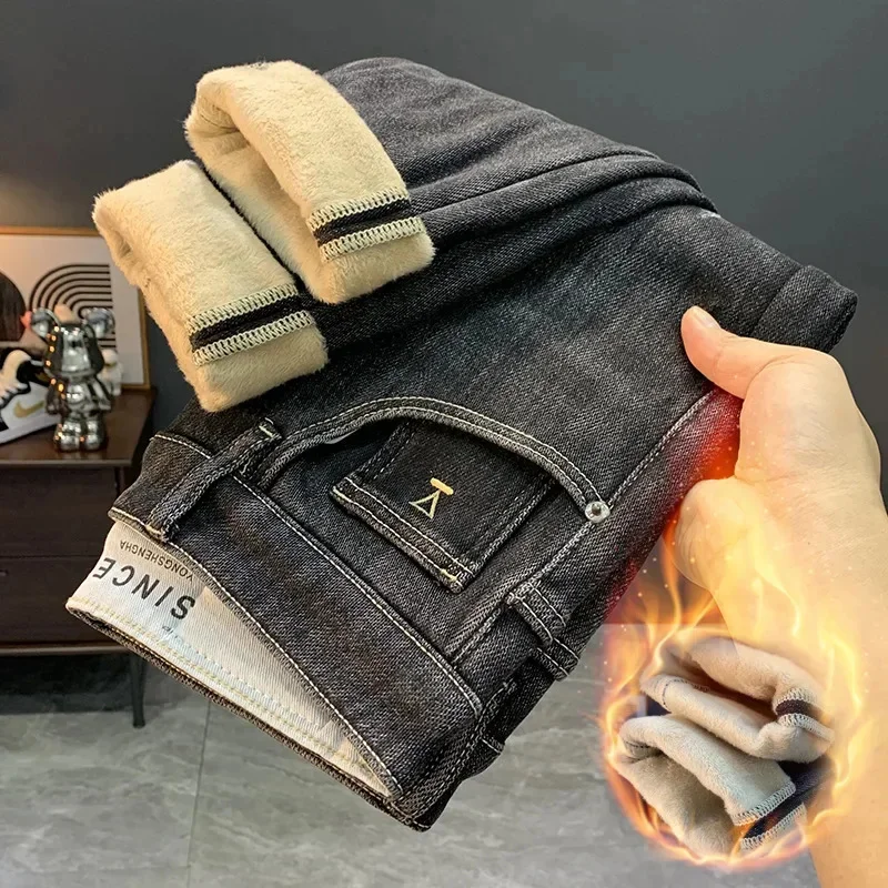 Pantalones vaqueros gruesos con forro polar de cachemira para hombre, pantalones rectos micro holgados cálidos y de moda para invierno