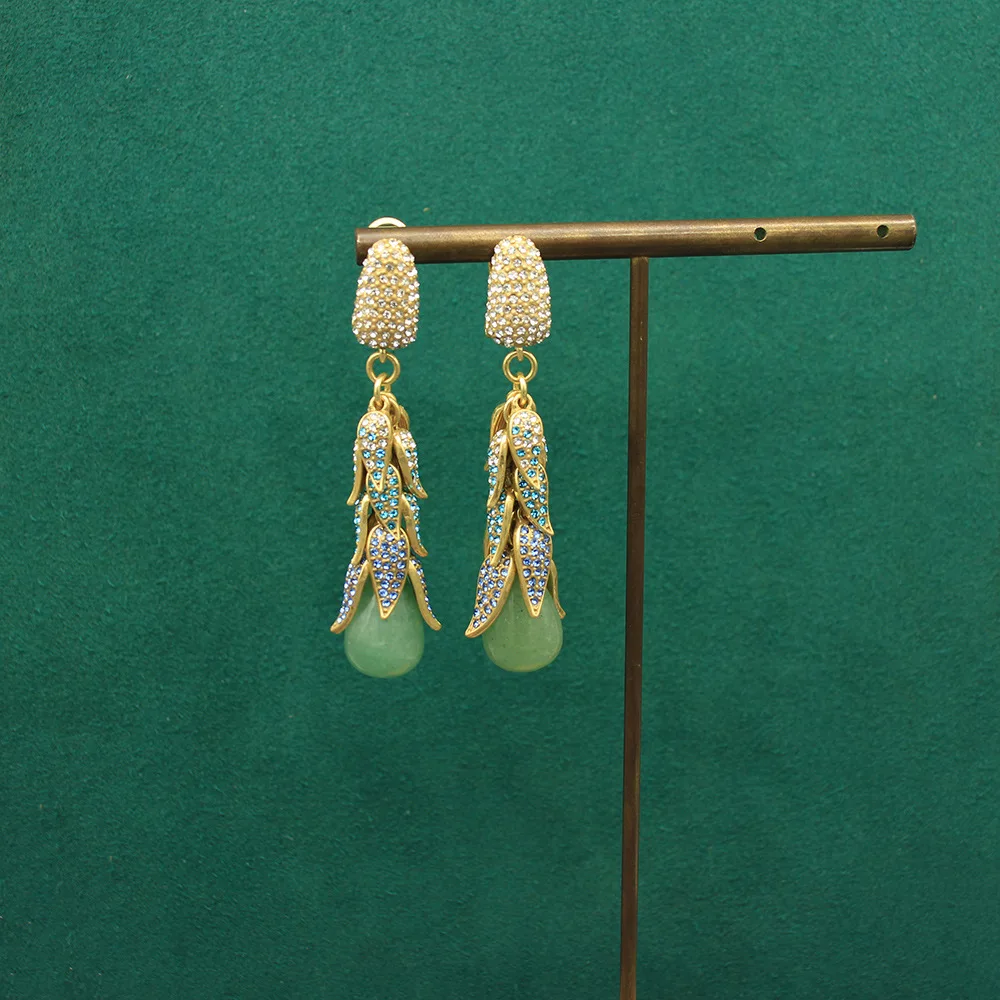 Vintage Leaf Earrings Gold-Plated Copper Green Natural Stone Dangle Heavy Craft Jewelry Accessories Birthday Gifts for Women