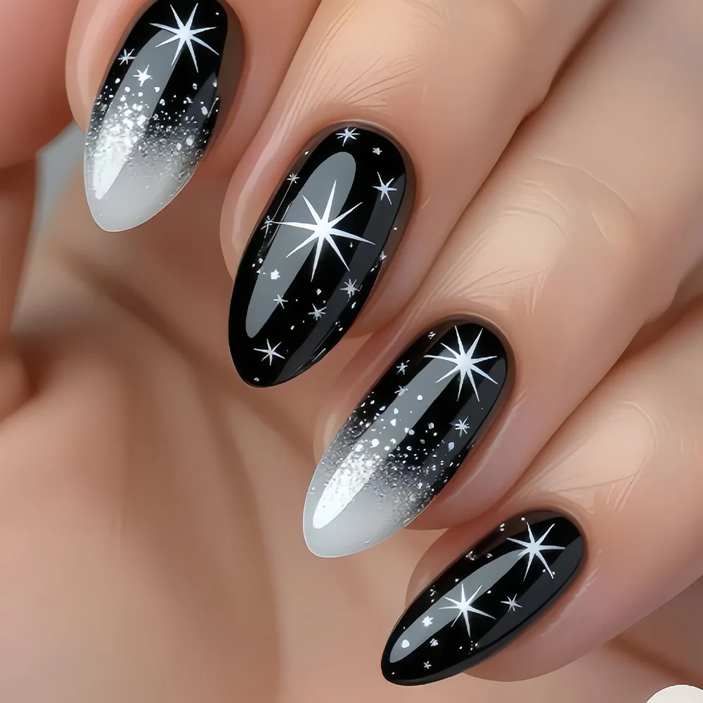 Mittlere künstliche Nägel für Frauen und Mädchen, Farbverlauf, Schwarz, Weiß, Beige, Golden, Weiß, Stern-Design, Mandel-Nagelspitzen, zum Aufdrücken der falschen Nagelkunst