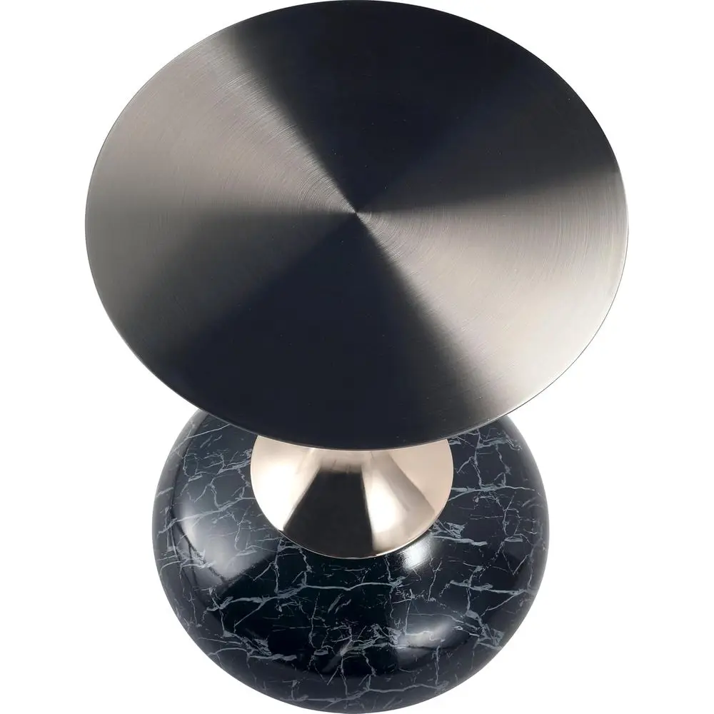 Top angle view of black stainless steel top on Muji Style Stainless Steel Round Accent Table for minimalist home aesthetics