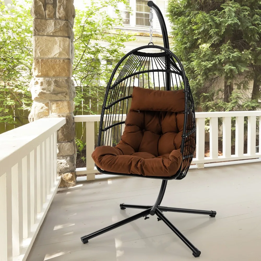 

Hanging Egg Chair W/ Stand Waterproof Cover & Folding Basket Cushion Brown