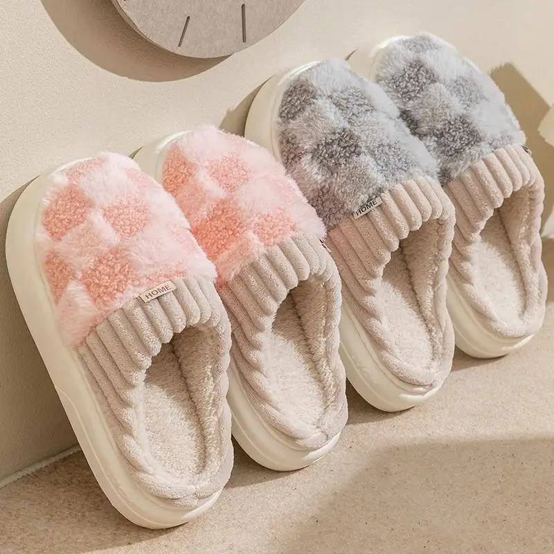 Winter Women Slippers Home Fashion Chequer Fuzzy Cute Thick Soft Sole Warm Anti-slip Casual Cotton Plush Shoes Couple