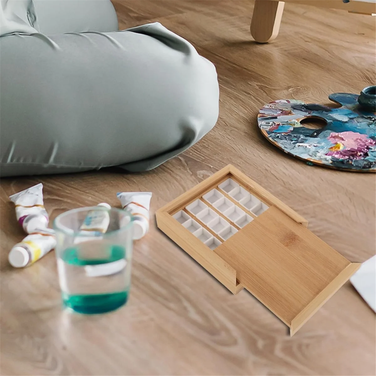 

A06K Деревянная коробка для акварельных палитров с полукастрюлями и сеткой, пустые выдвижные поддоны для рисования маслом, портативный дорожный лоток для краски