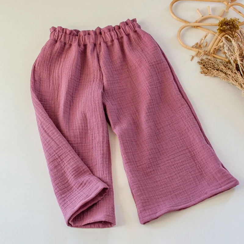 100% Cotton Muslin Girls Wide-Legged Pants 2024 Summer New Children\'s Casual Elastic Waist Loose Pants Kids Culottes TZ430