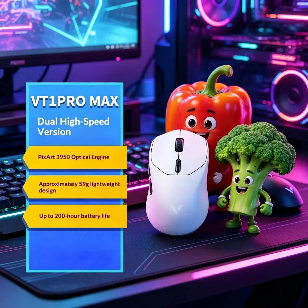 Rapoo VT1PRO MAX Wireless Gaming Mouse  Aureate 59g Lightweight, 8KHz Polling Rate, 30000DPI, 9 Programmable Buttons