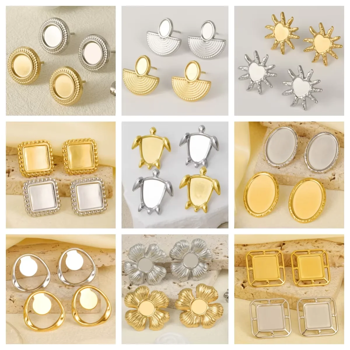 3 Pairs Charm Various Styles Sun Square Flower Stainless Steel Blank Base Earring High Quality No Fade Diy Rhinestone Jewelry