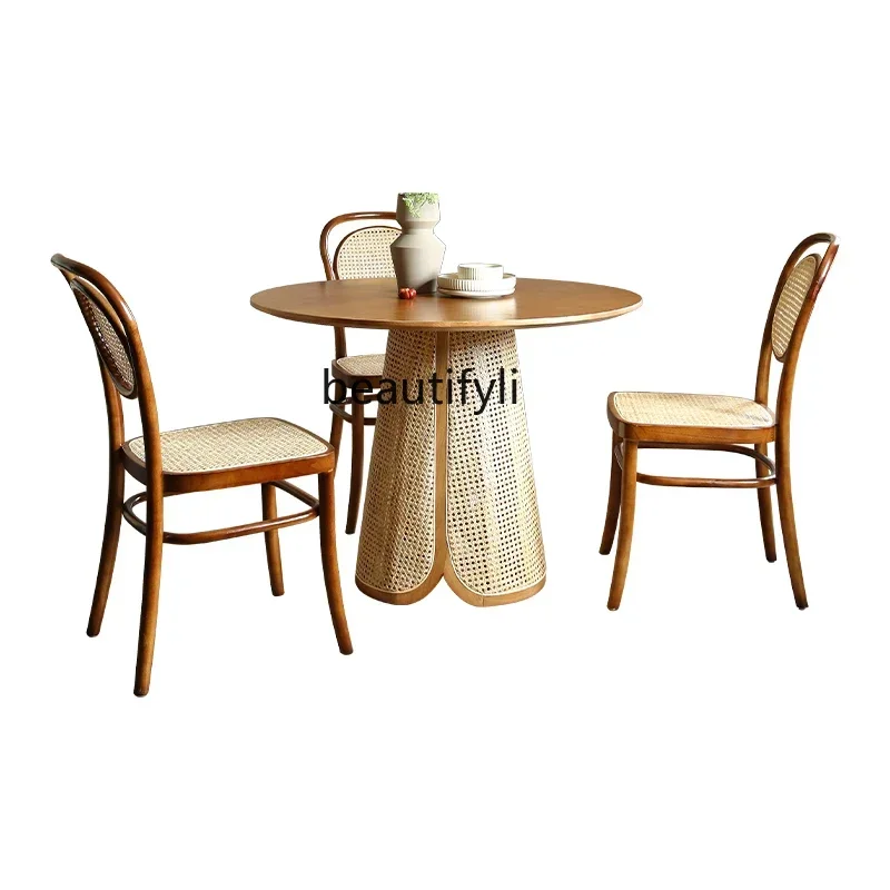 Q181  Qiji Style White Wax Wood Round Table Simple Home Rattan Dining Tables and Chairs Set 6-Person Dining Table Creative Resta