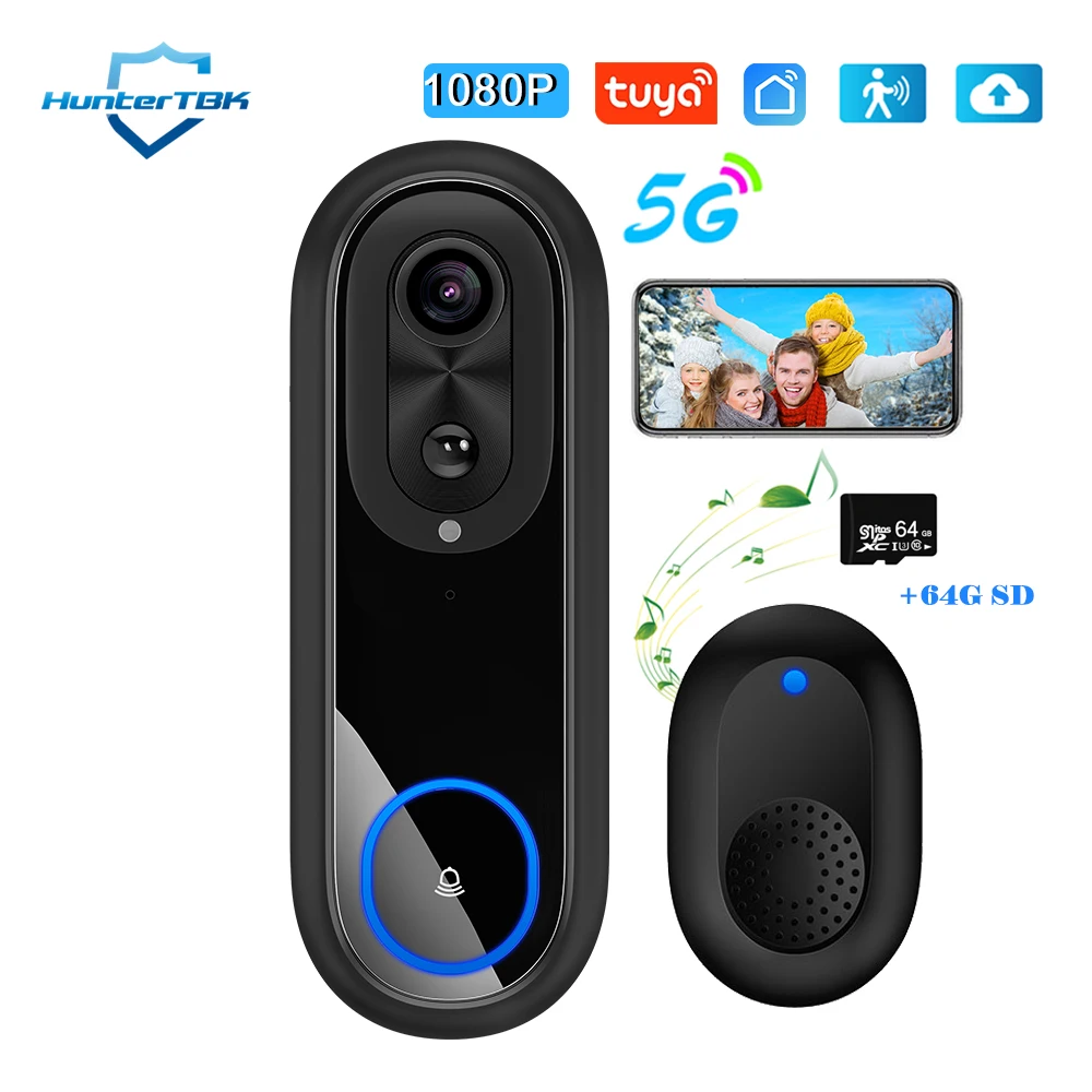5G 2.4G WiFi Video Deurbel 1080P Draadloze Bel Tuya APP Smart Intercom Camera IP65 Waterdichte Ring bel met 7000mAh Batterij