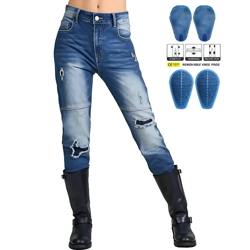 

Motorcycle Riding Pants Washed Old Washed Ripped Holes Female Knight Retro Locomotive Straight Jeans Motorcycle Pants Men