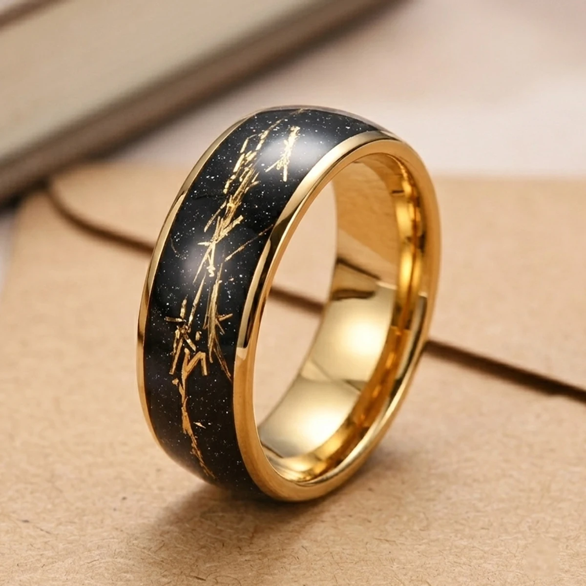8/6MM Fashion Ring Golden Tungsten Carbide Ring Inlaid with Gold Wire Men's Women's Wedding Bands Couple's Rings 18K Jewelry