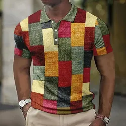 Patchwork Color Block 3D Print Polo Shirts Men's Fashion Vintage Streetwear Oversized Short Sleeve Shirt Tees Tops Man Clothing