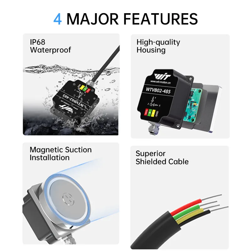 WitMotion WTVB02-485 Trójosiowy czujnik wibracji (przesunięcie+prędkość+amplituda) IP68 wodoodporny do monitorowania wibracji silników i pomp — zdjęcie produktu 6