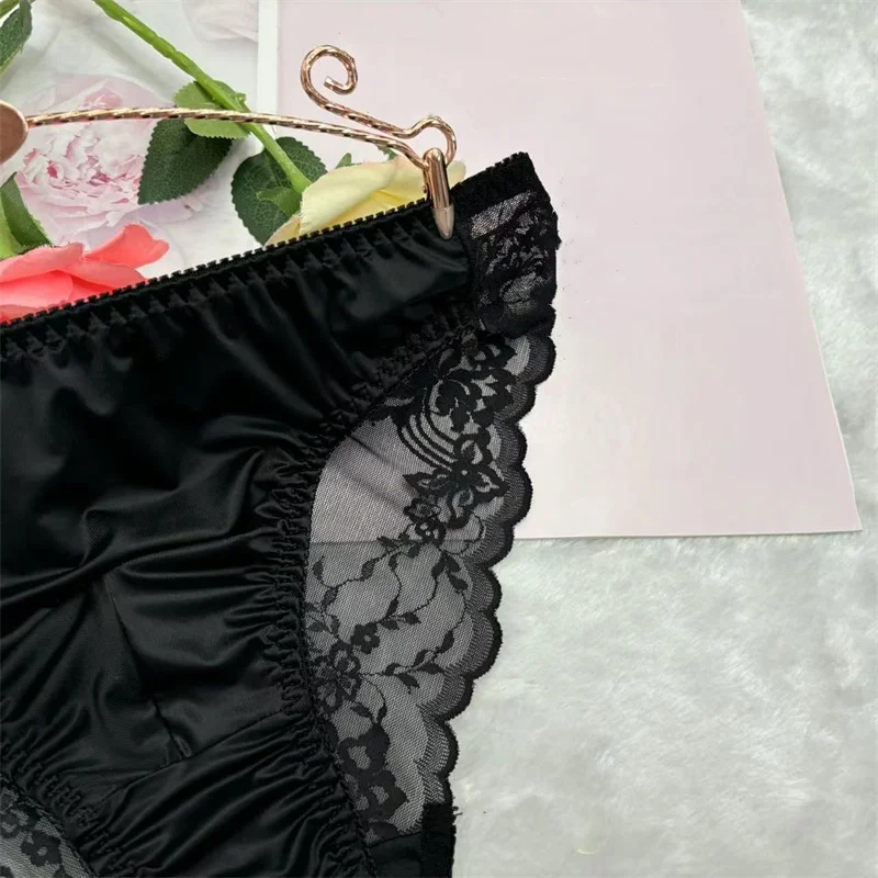 ﻿ Męska seksowna gładka transparentna bielizna jedwabista w dotyku elastyczna dopasowana koronkowa kwiatowa majtki Sissy BF bikini slipy