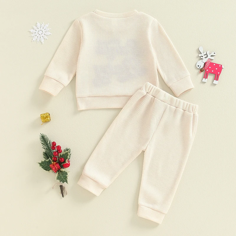 2024-06-12 Lioraitiin Baby Boy Girl Christmas Waffle Outfit, Letter Embroidery Long Sleeve Sweatshirt Elastic Waist Pants Set