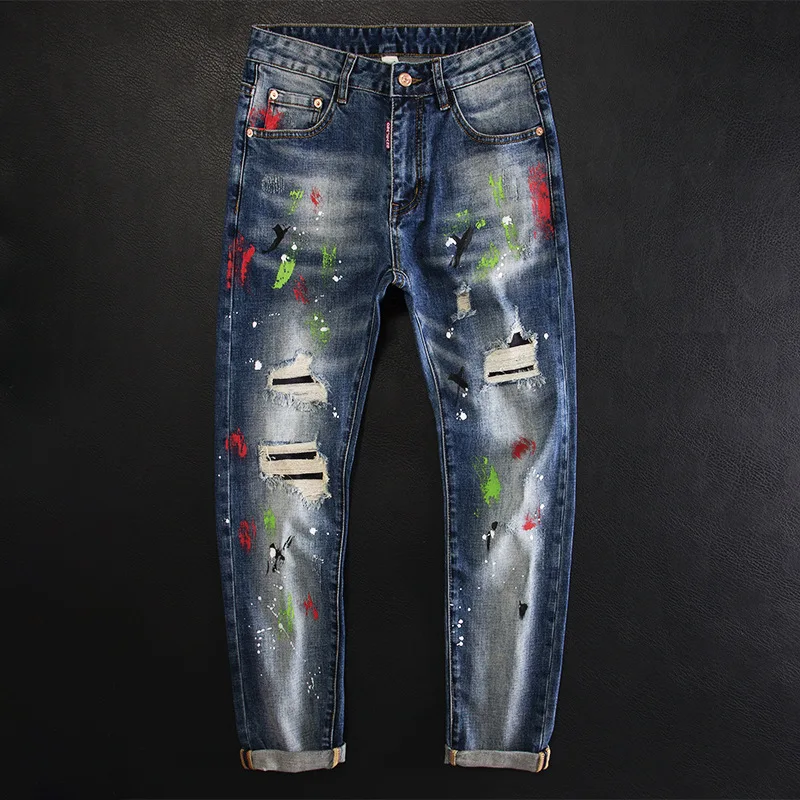 

Ripped Patch Paint Splatter Graffiti Personality Fashion Jeans Men Slim Fit Stretch High-end Trendy Pants