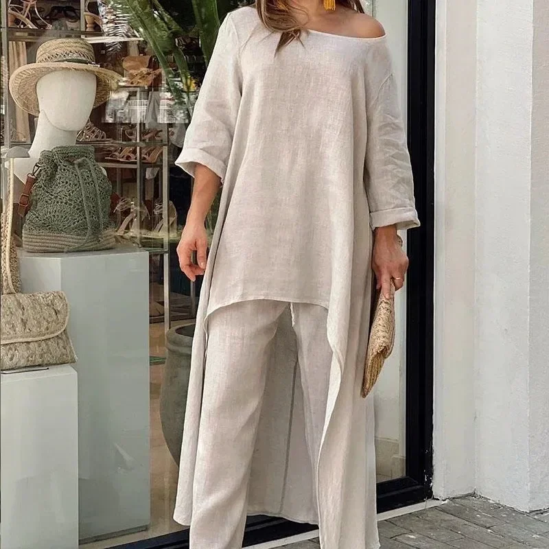 Summer Solid Casual Two-piece Sets Women Fashion Loose Wide Leg Pants and Blouse Tops Elegant Simple Two-piece Suit Shirt 26030