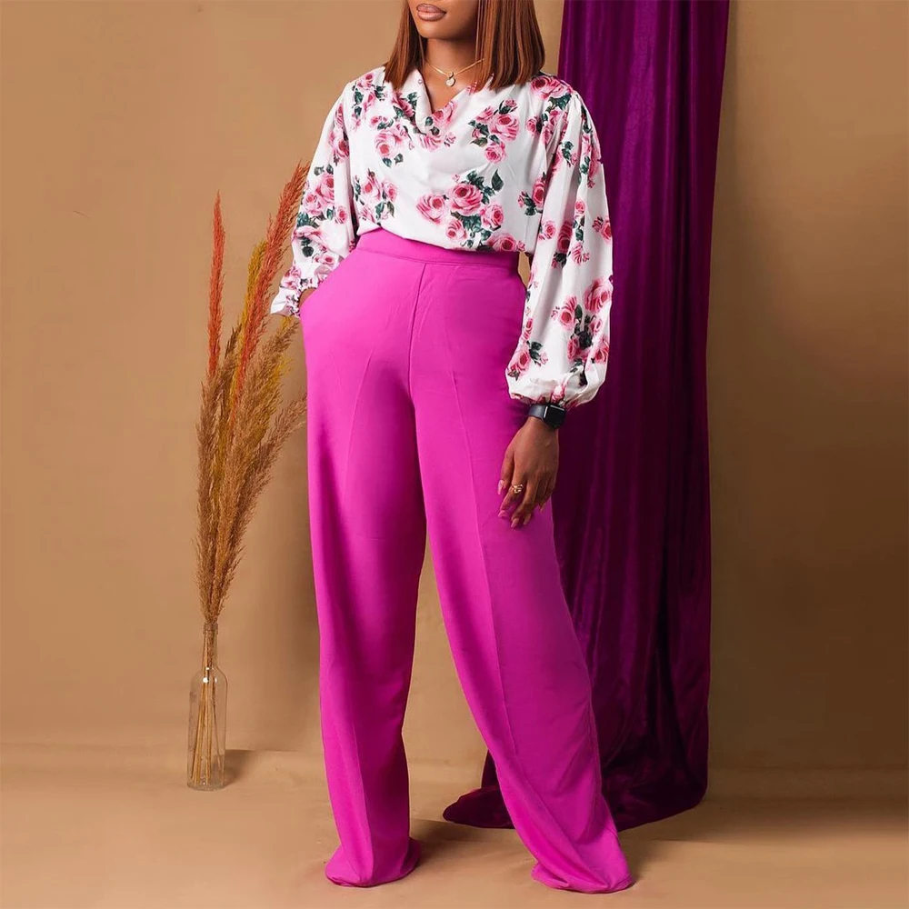 Women 2 Pieces Pants Sets Printed Blouse & Long Trousers Fashion Elegant Female Outfits Birthday Party Dinner Matching Pant Sets