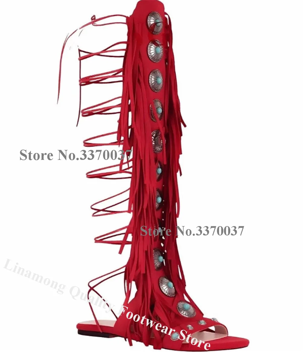 Linamong Red Brown Black Suede Tassels Rhinestones Flat Gladiator Boots Open Toe Lace-up Fringes Long Sandals view 2