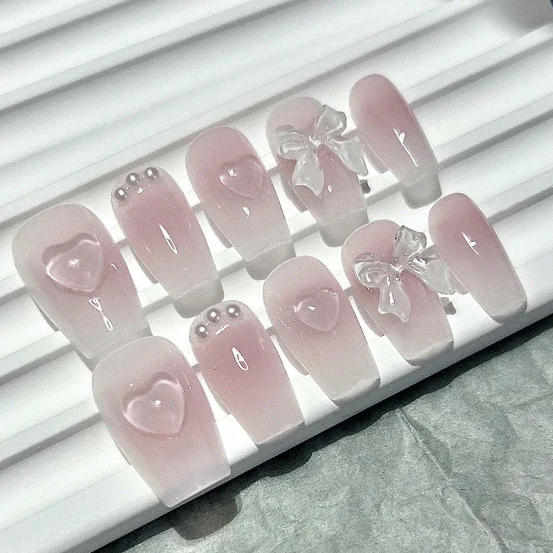 Y2K Vibrant Girl Blush Bow Press On Nail Handmade Removable Cute Pink Sweet Princess Wearable Fake Nails