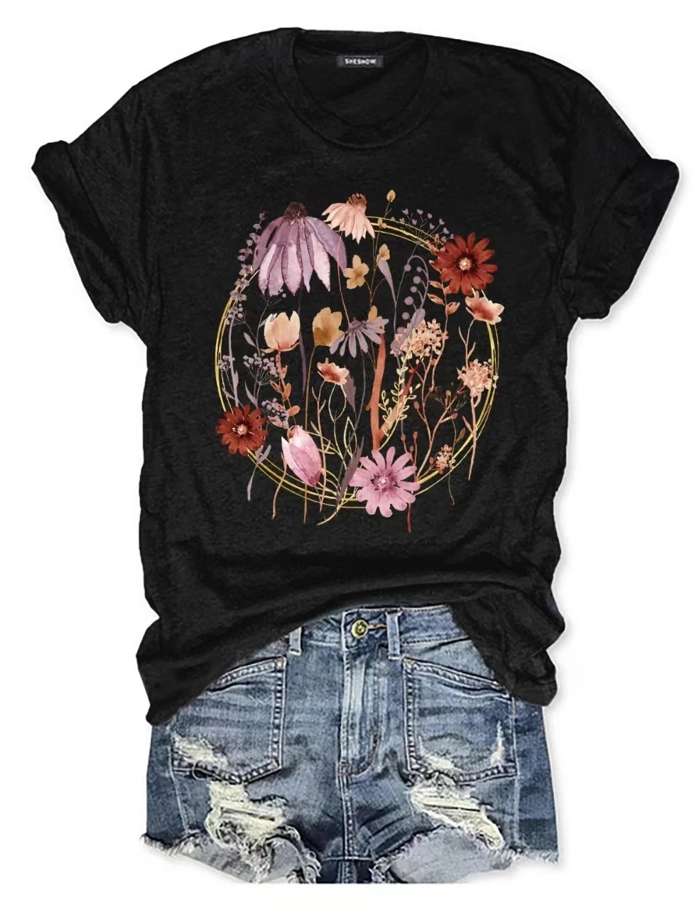 2024 New Fashion Art Lover Women T-shirt Cute Vintage Rose Garland Print Female Shirt Hot Sale Stylish Medieval Style Girl Tops