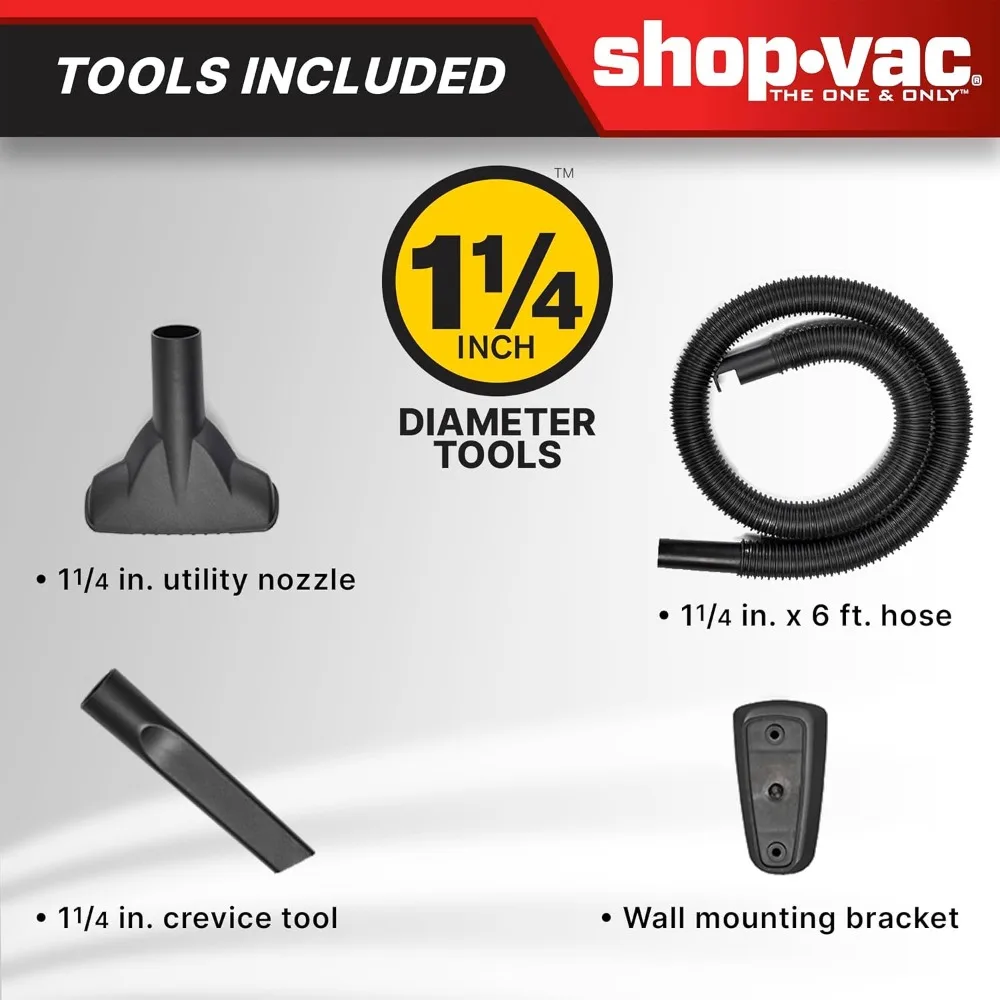 Shop-Vac 9303511 Aspirapolvere a secco e umido da 2,5 galloni, HP di picco da 2,5, diametro 1,25 pollici x tubo da 4 piedi, lunghezza cavo da 12 piedi, montaggio a parete, incluso