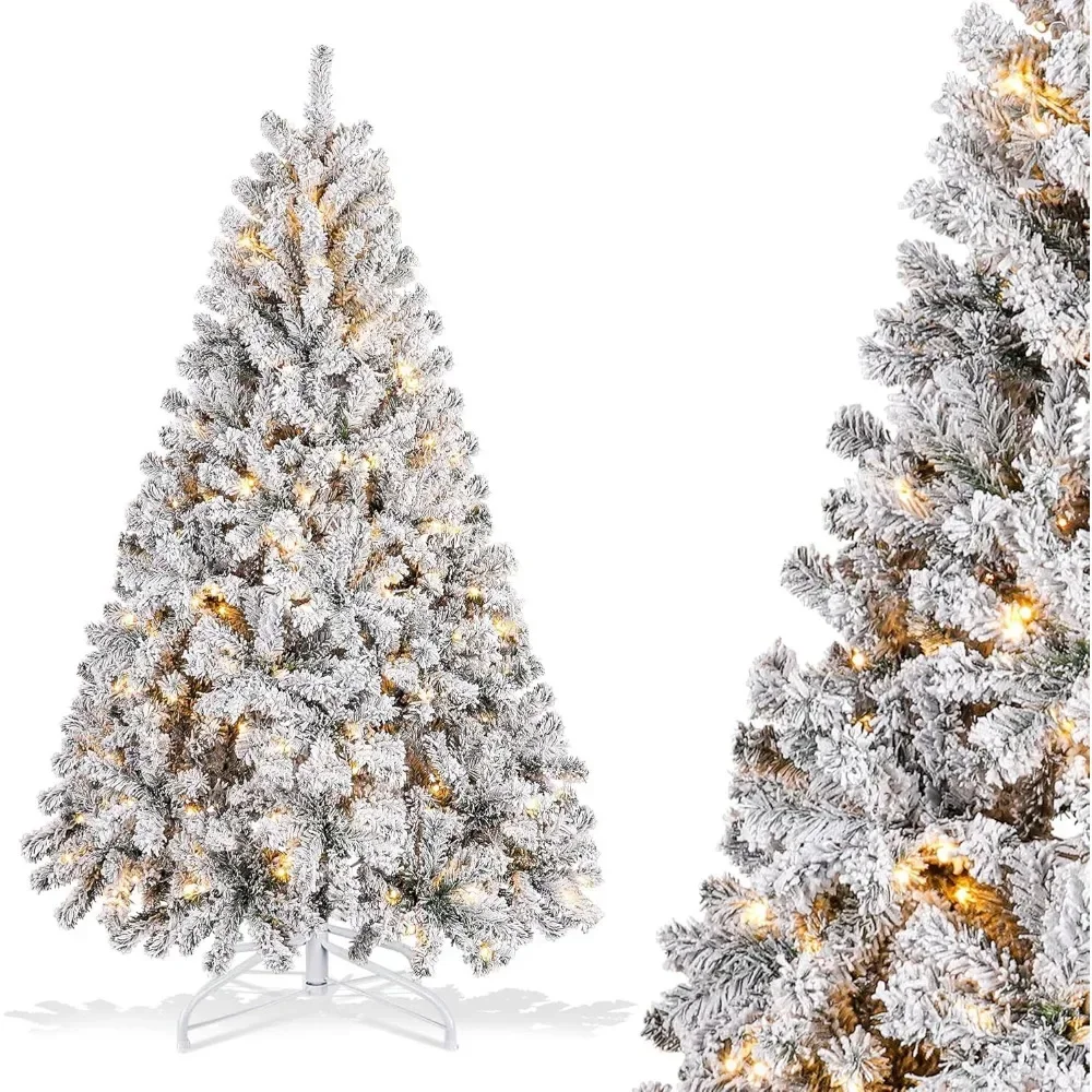 Christmas Tree, 6ft Pre-lit Snow Flocked Christmas Tree, Artificial Trees, Foldable Metal Stand, christmas decorations 2024