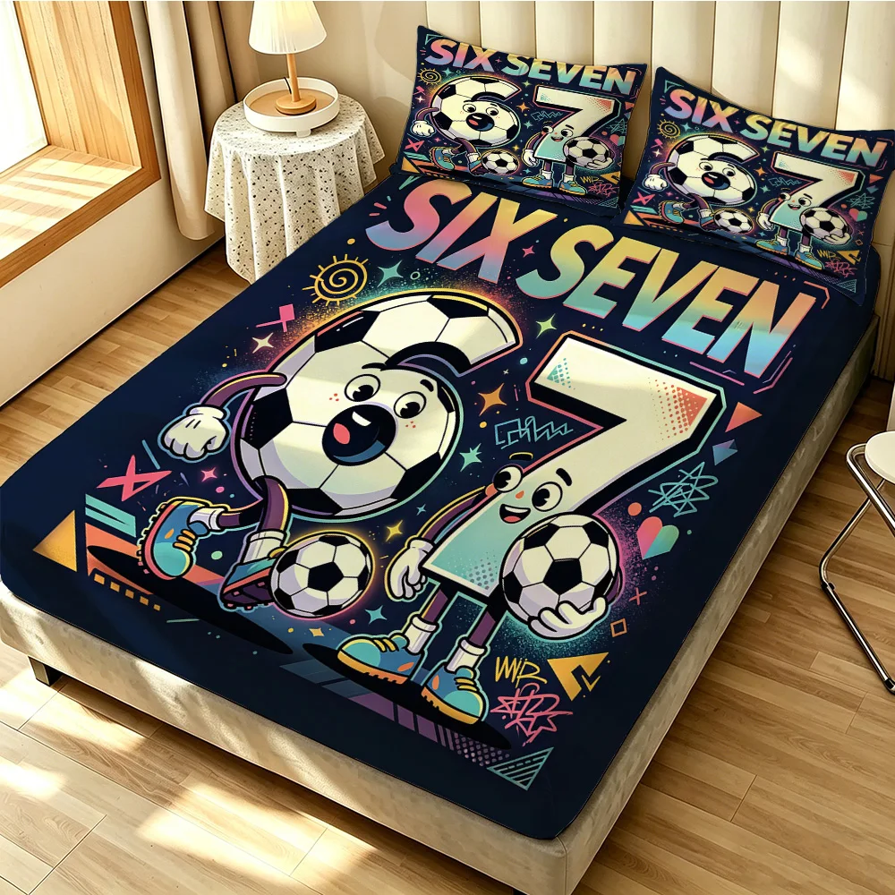 Football Soccer Fitted Sheet 3PCS Set 67 Number Sports Style Bedding Set 1 Fitted Sheet + 2 Pillowcases for Boys Room