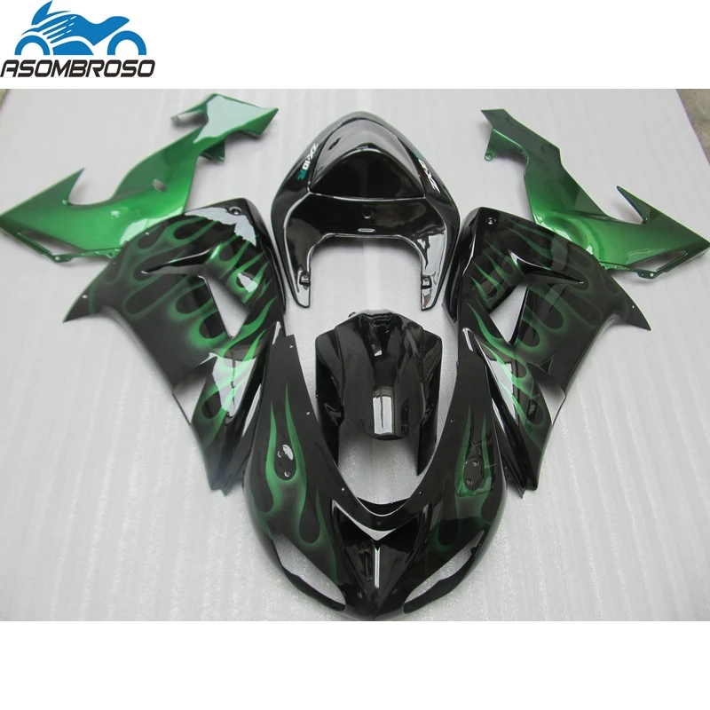 

Черный кузов мотоцикла Green Flames для Kawasaki Ninja ZX10R, комплект обтекателей 2006-2007, комплект обтекателей zx10r 06 07 GH14