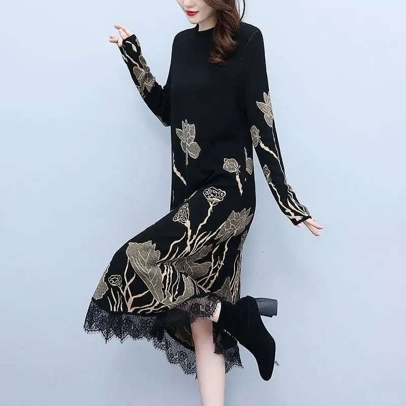 

Chic Mesh Embroidered Dress 2024 New Fashion Spring Autumn New Women's High-End A-Line Dress Flower Party Femme Vestidos V346