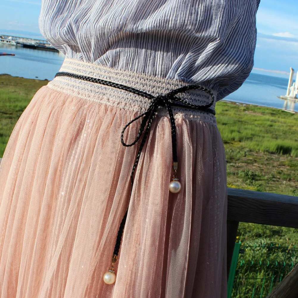 Mulheres corda de cânhamo trançado cintura corrente grande pérola vestido cinto doce cor versátil cinto moda roupas decoração cintura