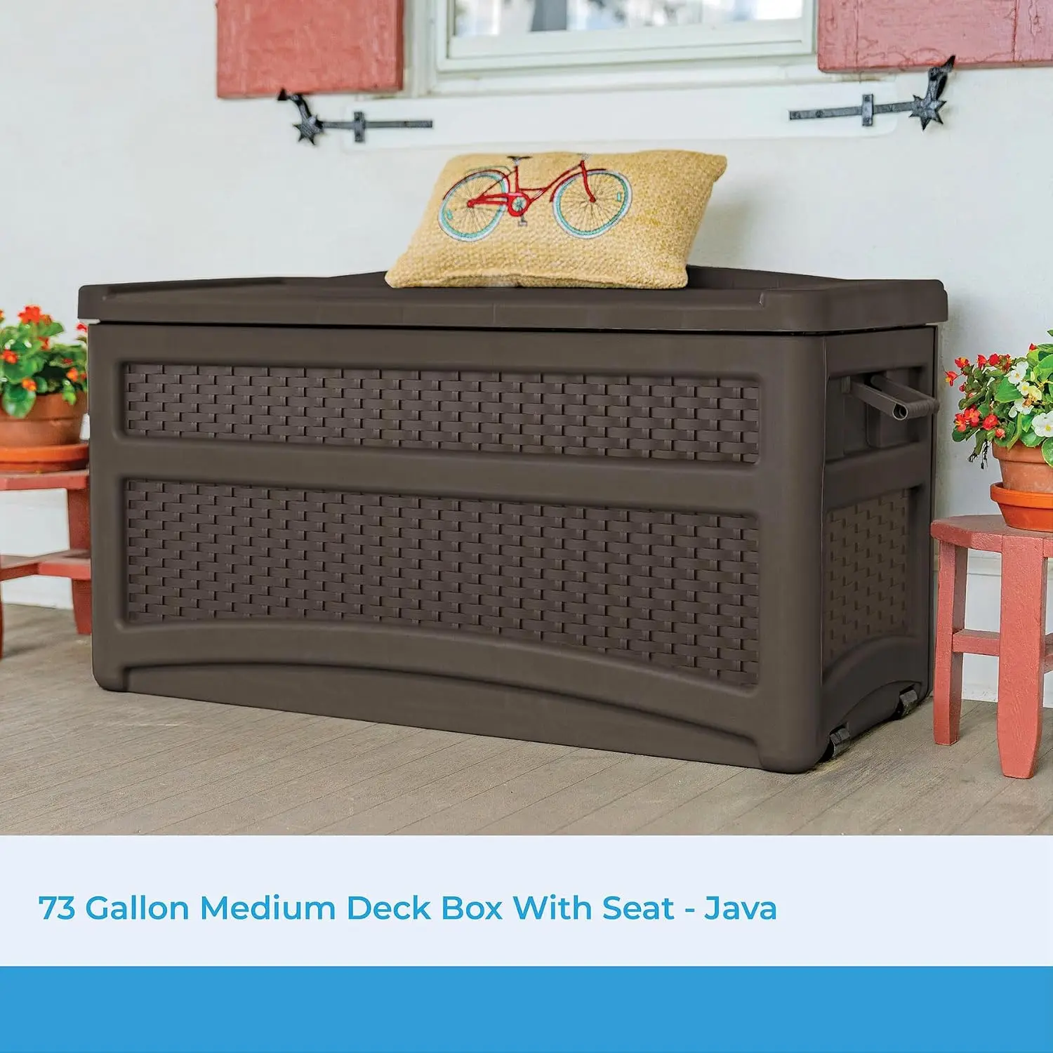 Durable 73 Gallon Outdoor Resin Storage Chest with Handles, Wheels, and Seat for Patio, Garden, or Pool for Indoor and Outdoor