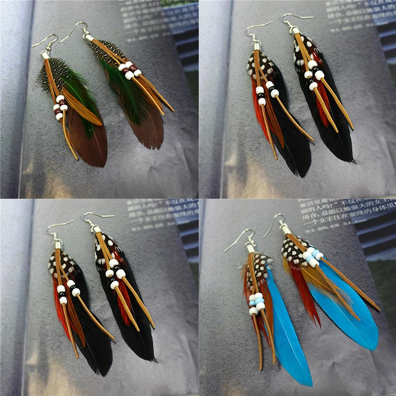 1Pair Tassel Dangling Earrings Colorful Feather Leather Beads Earrings Indian Feathers Summer Womens Fashion Jewelry