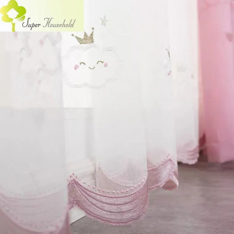 Rideaux en Tulle avec couronne de dessin animé, petites nuages, pour chambre d'enfant, feuilles blanches, pour salon, chambre à coucher, fenêtre, cuisine