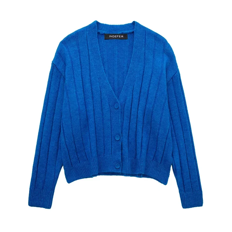 Mode wanita Sweater rajutan kancing sebaris biru pakaian wanita Chic lengan panjang leher-v Vintage