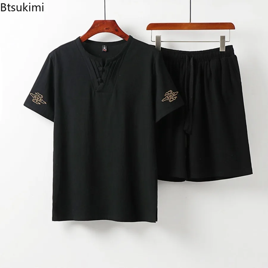 New 2025 Summer Men's Linen Thin Style Breathable Round Neck Workwear for Men Casual Loose Fit Short Sleeved Shorts Suit Male