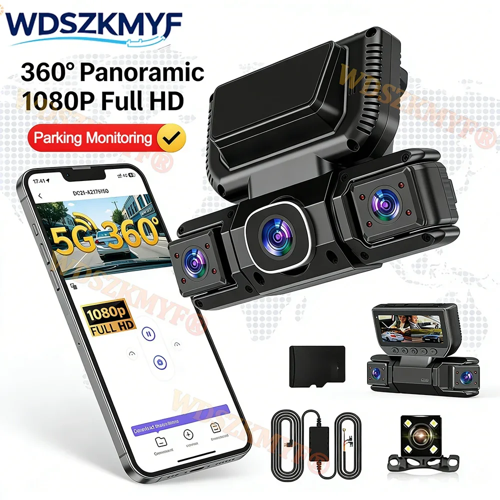 Quad Lens Car Dash Camera 360°  4Way Front Rear Interior Rear View camea 1080P Full HD Car DVR with Night Vision Parking Monitor