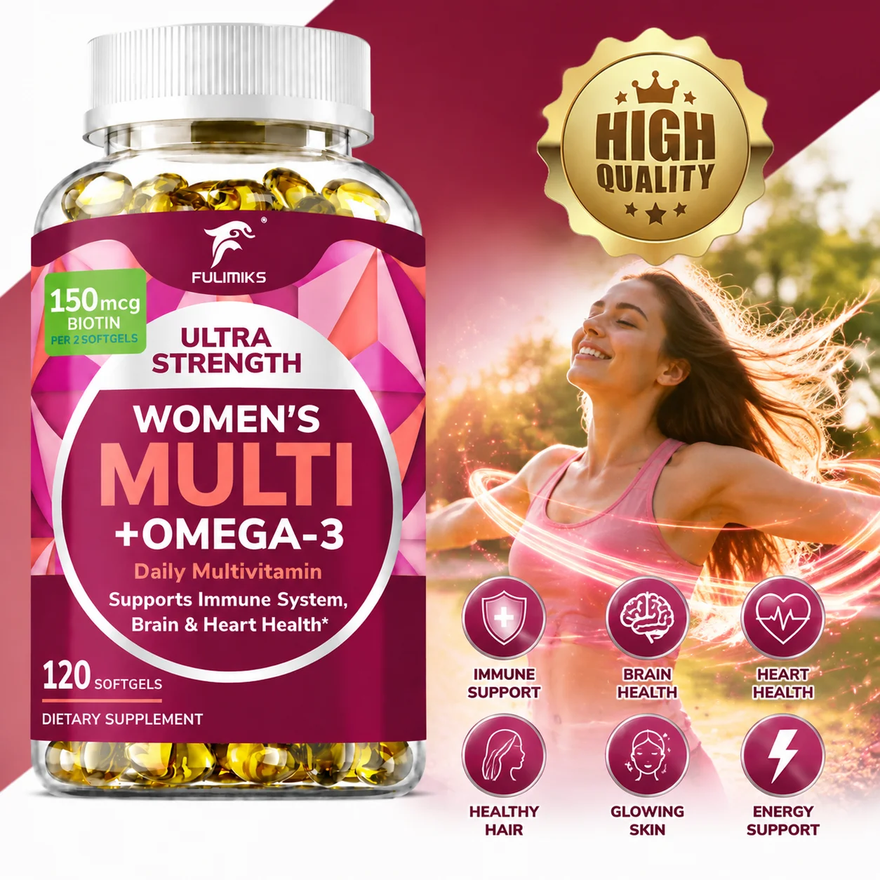 Advanced Women’s Multivitamin Supplement, with Omega‑3, Supports Immune System, Healthy Energy, Hair Skin Nails & Heart Wellness