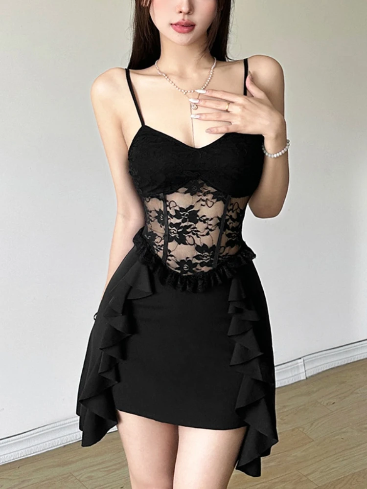 Y2K Style Sexy Lace Strapless Patchwork Dress 2024 Autumn New Slim Fit Spicy Girl Summer Dress