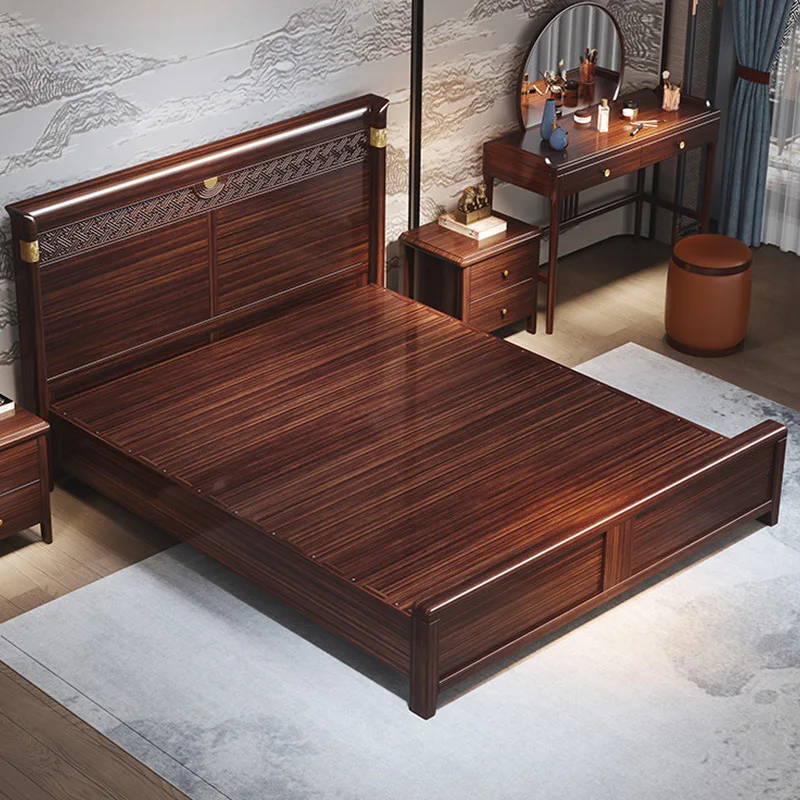 Kayu eboni, gaya Cina baru, kayu solid, kamar tidur utama, kayu solid, double