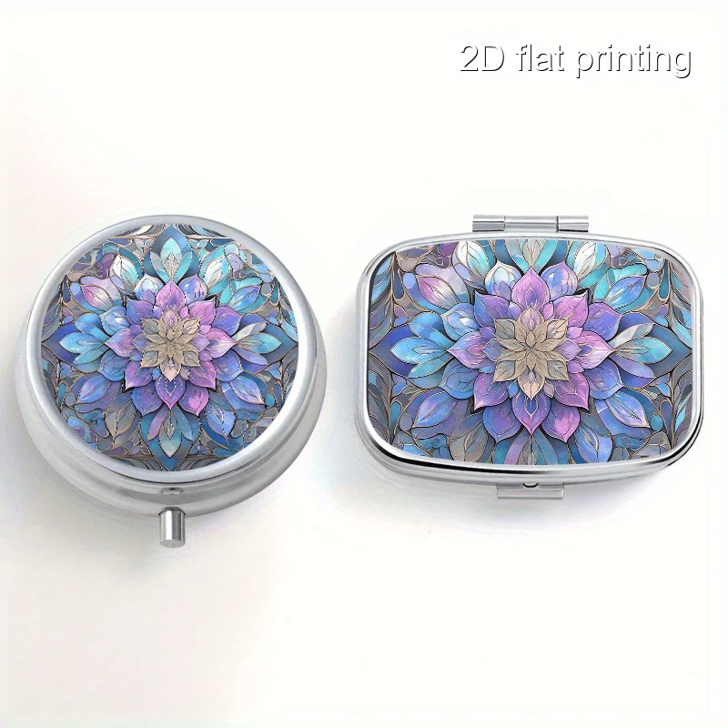 Lotus Pattern Printed Sealed Pill Box Set of 2, Round and Square Shapes, Round with 3 Compartments, Square with 2 Compartments, Mini Portable Sealed Box Suitable for Travel, Outdoor Sports or as a Portable Sealed Box for Wallets and Bags, Decorative Jewelry and Earrings Multifunctional Metal Box, Sealed Box for Vitamins, Multi-Compartment Storage Box, Classification and Packing Box, Suitable for Home Travel, Sealed and Moisture-Proof Unique Small Gift Collection Box