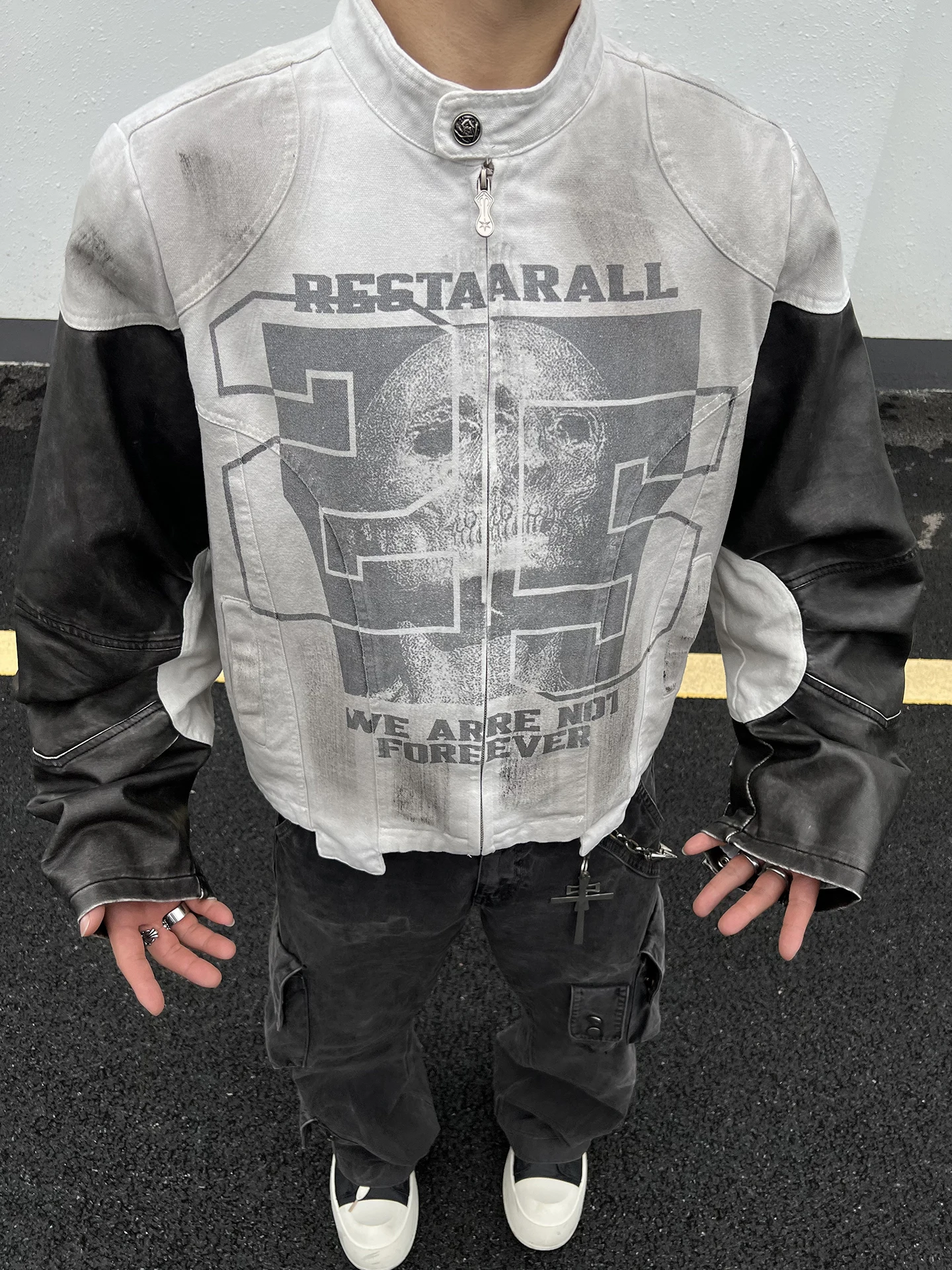 

Retro American Waed Splice Leather Sve Jaet Men's Trendy Loose ort Outerwear Youthful Wear Resistant Cotton Polyester