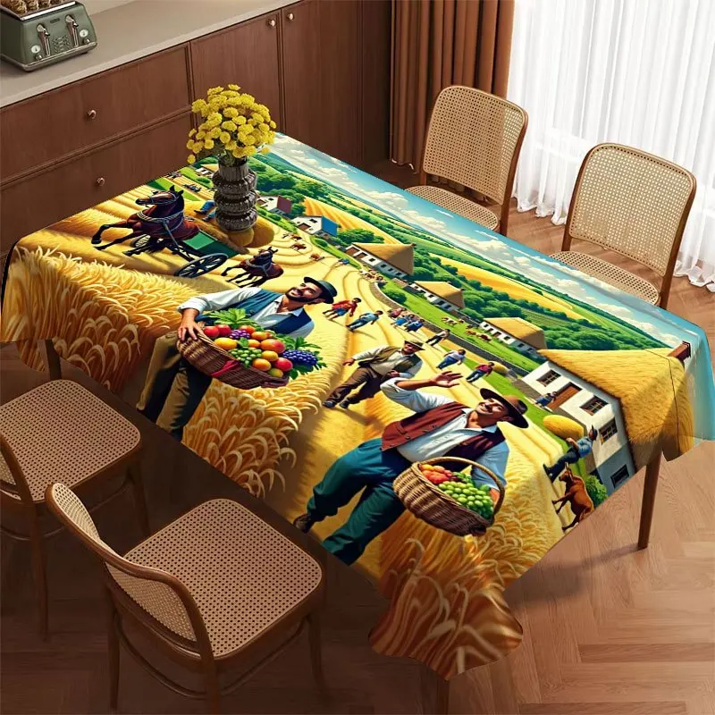 Fall Harvest Farmer Wheat Fruit Rural Village Rectangle Table Cloth for Home Dinner Reusable Tablecloth for Party Picnic Decor