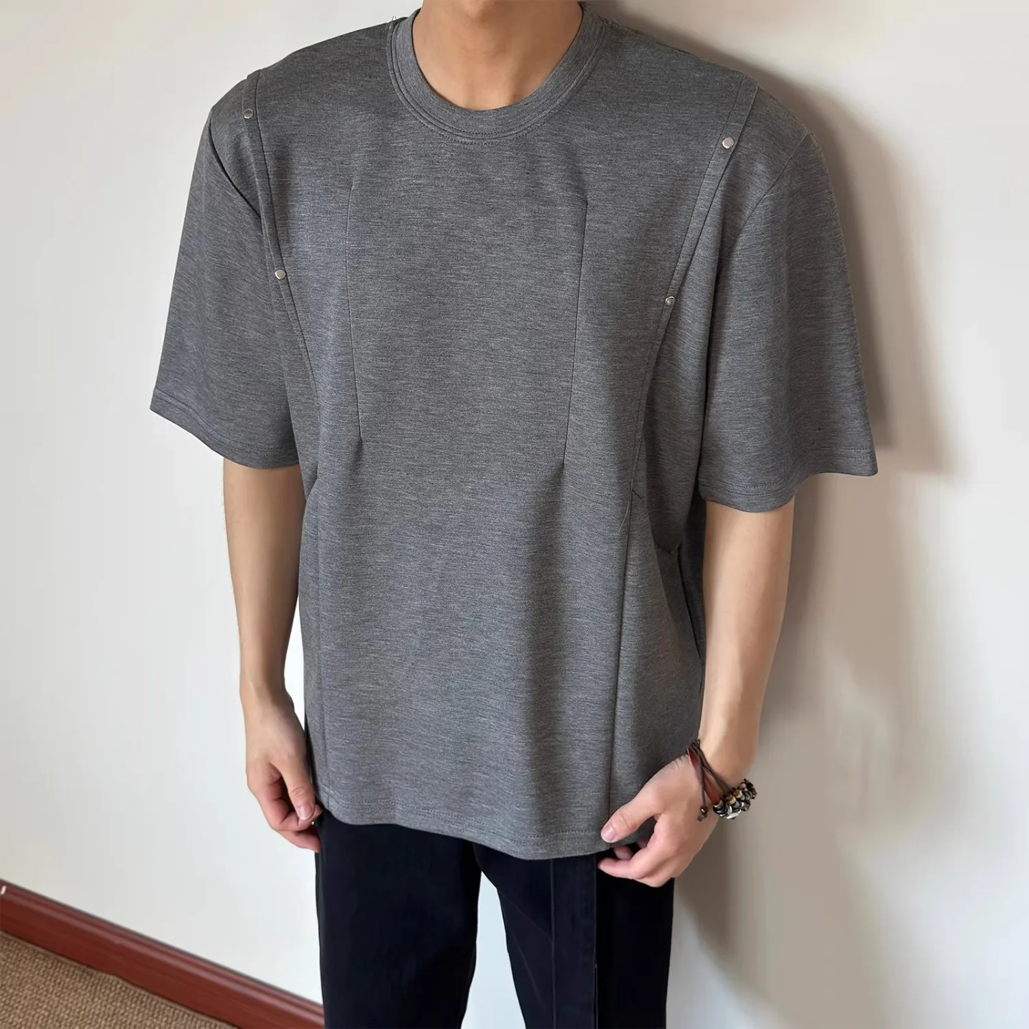 Men's Loose Casual Crew Neck Short Sleeve Rivet Decor Trendy Slim Fit Daily Commute Streetwear Breathable Skin-Friendly T-Shirt
