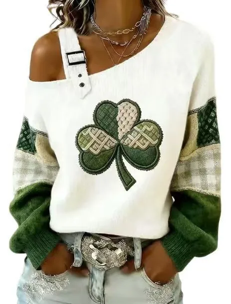 

Зимняя женская одежда: вязаный пуловер с узором клевера, повседневный свитер с V-образным вырезом и длинными рукавами для женщин, свободный крой, полиэстер.