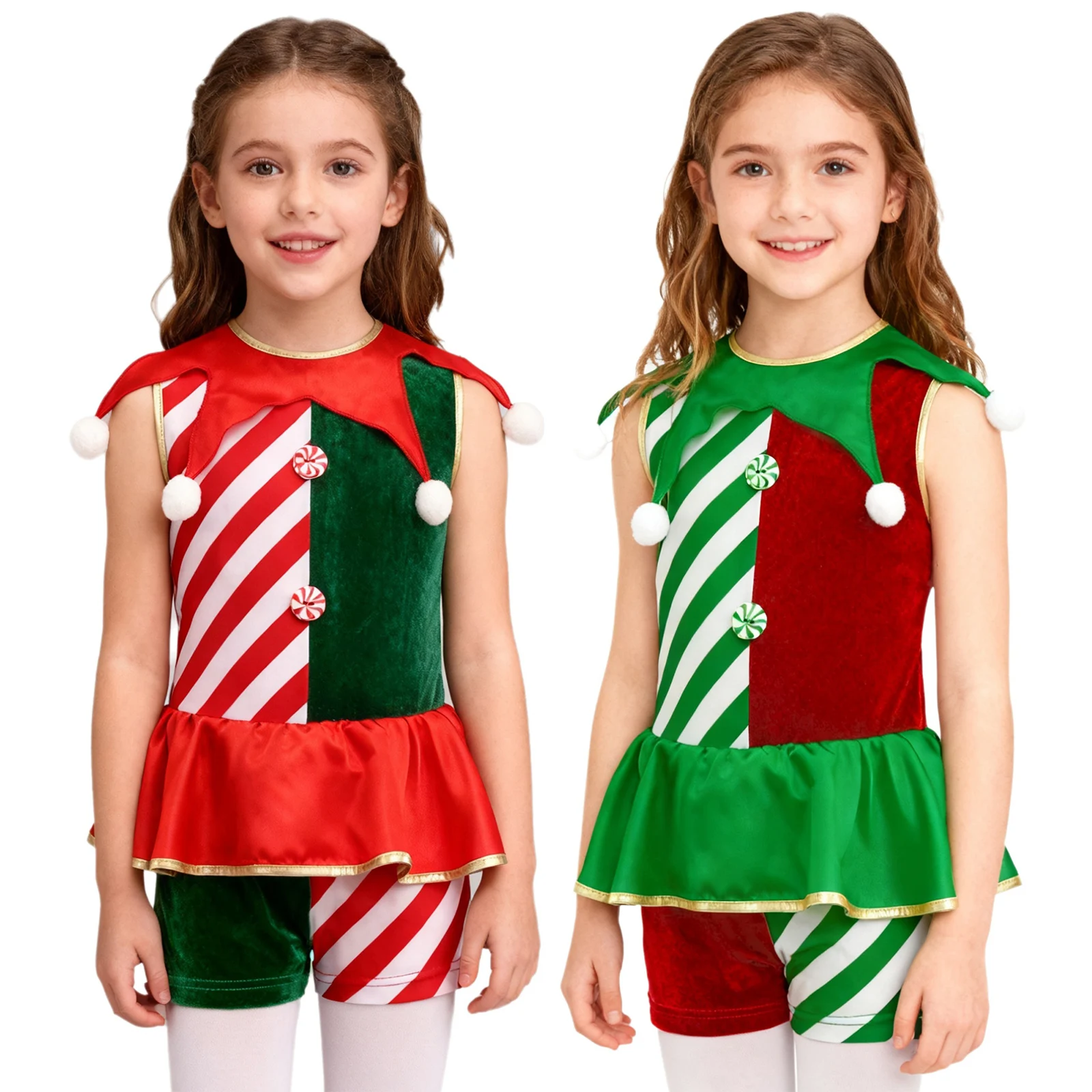 Disfraces de rayas de elfo de Navidad para niños y niñas, leotardo, ropa de actuación de JazzDance, mono superpuesto con volantes en la cintura con pompones sin mangas