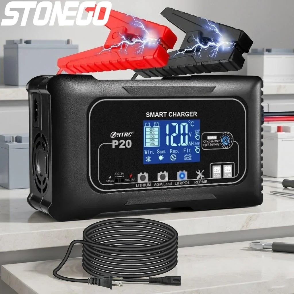 

20A LCD Pulse Repair Charger 12V 24V for ATV Motorcycle Car Lead Acid AGM Gel Lithium Batteries Fast Charging Battery Maintainer